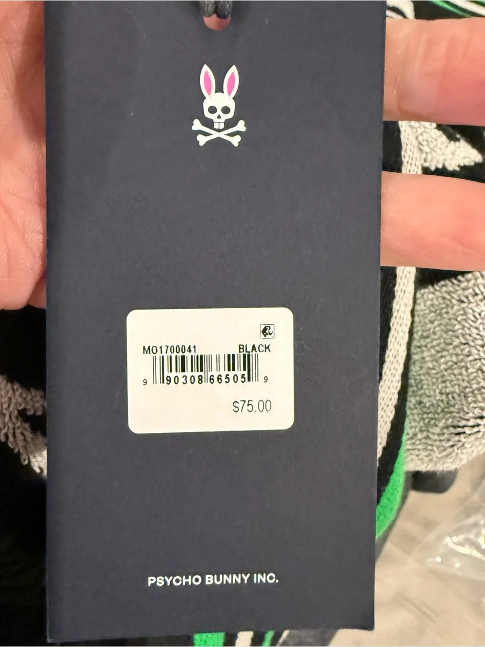 Psycho Bunny Black, White & Green Striped Knit Scarf with Logo Tag